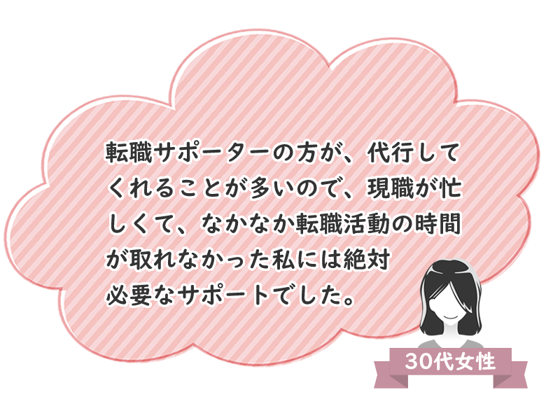 30代女性　転職サポーターの方が、代行してくれることが多いので、現職が忙しくて、なかなか転職活動の時間が取れなかった私には絶対必要なサポートでした。